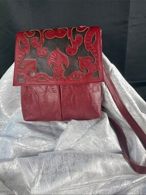 Handcrafted Red Leather Crossbody Bag with Tooled Flap